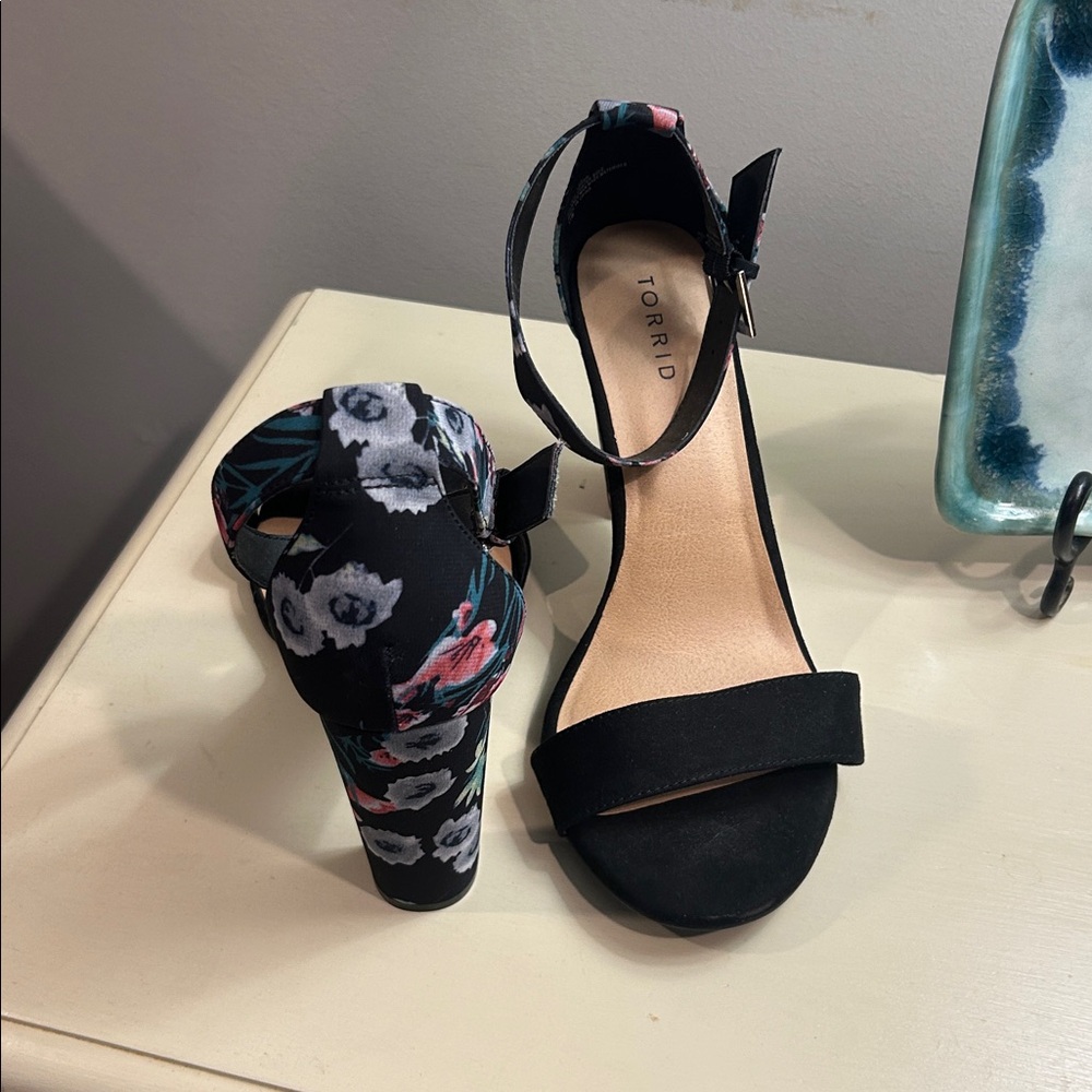 Torrid Black Floral Ankle Strap Heels